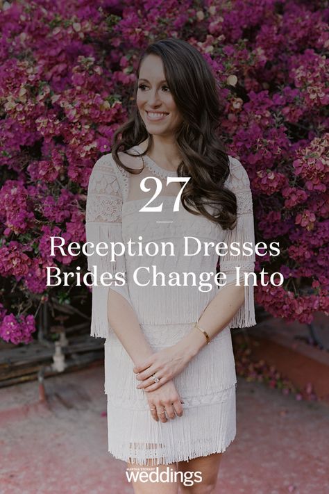 Click to get inspiration for your wedding reception dress that you can change into. Here are 27 wedding dresses that real brides changed int of or their wedding reception. #WeddingDress #WeddingReceptionDress #Ideas #Inspiration #Wedding #Bride #Bridal #Details | Martha Stewart Weddings - 21 Reception Dresses Brides Changed Into for Their Parties Bridal Change Dress, Non Traditional Reception Dress, Second Bride Dress For Reception, Bridal After Party Outfit Casual, Bridal Reception Party Dress, Reception Exit Dress, Wedding Change Dress, Bride Dress Change Reception, Changing Dresses For Brides Receptions