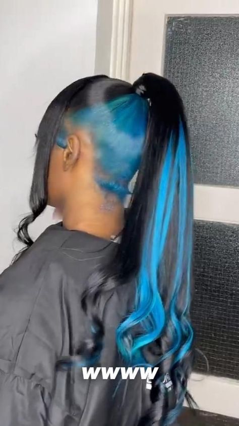 Purple And Blue Skunk Stripe Hair, Black And Blue Ponytail, Double Frontal Ponytail With Color, Blue And Green Braids For Black Women, Stunk Strip Hairstyles Blue, Peekaboo Sew In Black Women, Peekaboo Ponytail Weave, Blue Sew In Weave, Blue Peekaboo Hair Black Women