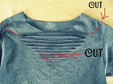 WobiSobi: Off the Shoulder, Ladder V-neck Tee: DIY Cut Tshirt Diy, Tee Shirts Diy, Distressed Tshirt Diy, Cut Up T Shirt, Cut Shirt Designs, Umgestaltete Shirts, Diy Cut Shirts, Shirt Makeover, Cut Up Shirts