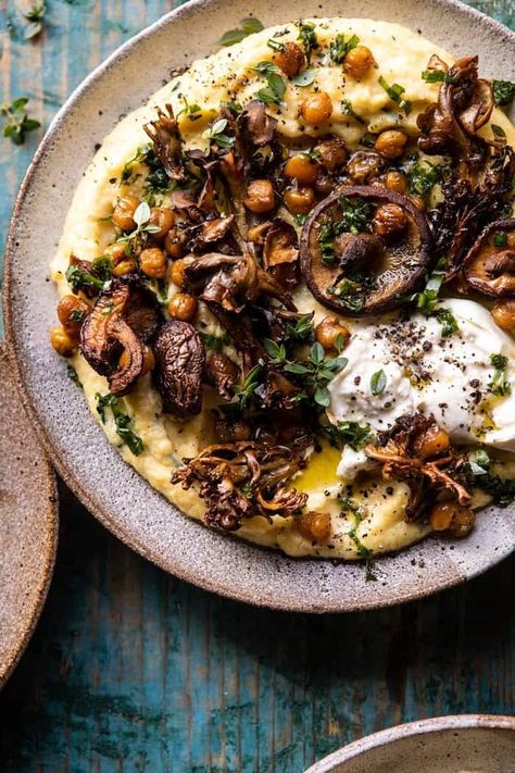 Pesto Polenta with Thyme Roasted Mushrooms and Chickpeas | halfbakedharvest.com #pesto #polenta #mushrooms #easyrecipes Cordyceps Mushroom Recipe, Upscale Bar Food, Vegetarian Recipes With Mushrooms, Pesto Polenta, Mushroom Food, Cauliflower Hummus, Polenta Recipes, Roasted Mushrooms, Half Baked