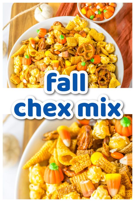 Fall Chex Mix - Life With The Crust Cut Off Fall Popcorn Mix, Fall Chex Mix Recipes, Popcorn Mix Recipes, Bugles Chips, Cabin Meals, Chex Mix Recipes Sweet, Peanut Popcorn, Candy Corn Recipe, Chex Mix Puppy Chow