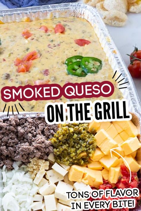 Tailgate Queso Dip, Grill Cheese Dip, Campfire Queso Recipe, Camping Queso Dip, Traeger Cheese Dip, Camp Fire Queso, Black Stone Party Food, Cheese Dip On Blackstone, Blackstone Cheese Dip