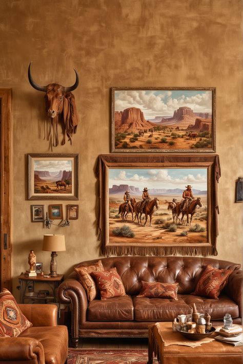 25 Western Boho Living Room Ideas – The Crafty Hacks Country Western Home Decor Ideas, Brown Leather Couch Living Room Western, Ranch Room Ideas, Cowboy Style House, Coffee Table Decor Western, Neutral Western Home Decor, Urban Cowboy Decor, South Western Interior Design, Maximalist Western Decor