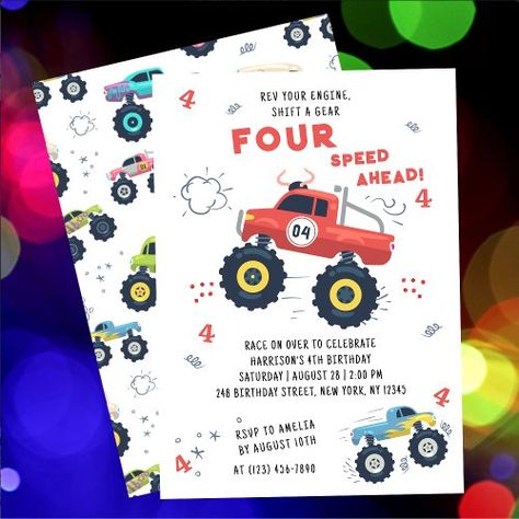 $1.99 | Rev Your Engine 4th Birthday Monster Car Trucks #birthday, 4th birthday, fourth, rev your engine, kids, modern, boy, cute, cars, gender neutral Car Birthday Party Invitations, Birthday Second, Monster Truck Theme, Monster Car, Truck Theme, Third Birthday Party, Monster Truck Birthday, 2nd Birthday Invitations, Birthday Kids