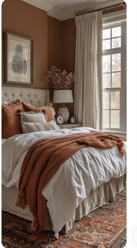 Orange Accent Bedroom, Neutral Bedroom Wall Colors, Orange And Brown Bedroom, Warm Neutral Bedroom, Neutral Boho Bedroom, Rust Bedroom, Cozy Mid Century Modern, Mid Century Modern Living Room Ideas, Cozy Mid Century Modern Living Room