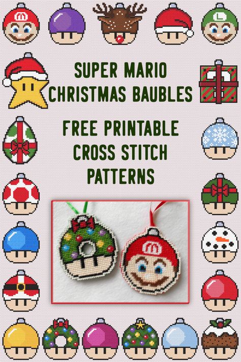 Mario Christmas Baubles – Free Printable Cross Stitch Patterns via @zoecorkhill Mario Christmas Cross Stitch, Printable Beading Patterns, Ornament Cross Stitch Pattern, Christmas Mario Bros, Cross Stitch Ornaments Patterns Free, Disney Cross Stitch Patterns Free Charts, Cross Stitch Sampler Patterns Free, Cross Stitch Christmas Ornaments Free, Simple Christmas Cross Stitch