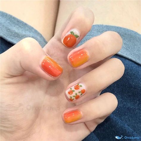 Orange Themed Nails, Orange Blossom Nails, Fruit Nails Design, Orange Fruit Nails, Fruit Nail Ideas, Nail Themes, Food Nail Art, Orange Core, Pink Short Hair