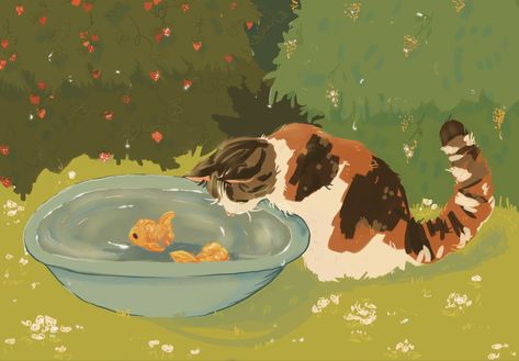 A calico cat looking into a blue bowl with two gold fish, surrounded by bushes! Cat And Fish, Fish Drawing, Fish Drawings, A Drawing, My Cat, Cute Art, Fish, Drawings, Art