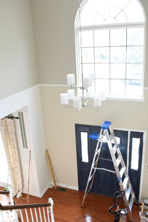 2 Story Wall Paint Ideas, Decorating Two Story Foyer, Two Story Foyer Moulding, 2 Story Foyer Wall Molding, Two Story Foyer Paint Colors, Foyer Trim Ideas, Foyer Molding Two Story, 2 Story Foyer Paint Color Ideas, 2 Story Wall Decorating Ideas