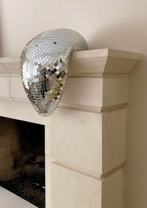 Kelly Wearstler Disco Ball, Diy Melted Disco Ball, Diy Melting Disco Ball, Disco Ball Display, Disco Ball Nursery, Disco Ball Sculpture, Disco Ball Fireplace, Disco Chair, Disco Ball Home Decor