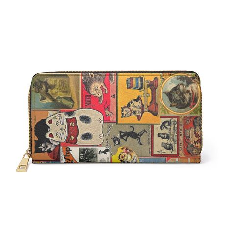 "Brighten up your wardrobe with this colorful selection of krazy kitties. Digitally created from antique matchbox covers and vintage wallpaper, this striking pattern is as unique as it is amusing! For carrying around all your credit cards, cash, and driver's licenses look no further than this cat wallet. Made with cruelty-free faux leather, this wallet comes packed with utility and style. Material: Cruelty-free faux leather\\n.: Durable high-quality nylon zip and alloy hardware\\n.: Gold color t Unique Wallets For Women, Cute Wallet Aesthetic, Aesthetic Wallet, Wallet Aesthetic, Matchbox Covers, Cat Wallet, Cash Wallet, Vintage Wallet, Unique Wallets