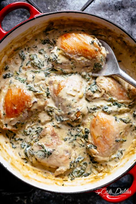 Creamy Spinach Artichoke Chicken Thighs - Cafe Delites Creamy Spinach Artichoke Chicken, Raclette Originale, Galette Des Rois Recipe, Artichoke Sauce, Keto Chicken Thighs, Chicken Breast Crockpot Recipes, Spinach Artichoke Chicken, Crockpot Chicken Breast, Bacon Dip