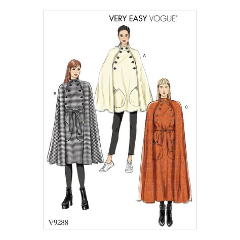 Vogue Patterns 9288 MISSES' CAPE WITH HIGH COLLAR, POCKETS, AND BELT sewing pattern Cloak Sewing Pattern, Cloak Pattern, Mantel Cape, Cape Pattern Sewing, Steampunk Coat, Cape Pattern, Vogue Sewing, Vogue Sewing Patterns, Vogue Pattern