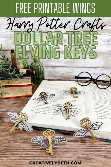 Harry Potter Crafts DIY Flying Keys Dollar Tree by Creatively Beth #creativelybeth #harrypotter #crafts #diy #flyingkeys #dollartree Diy Harry Potter Flying Keys, Harry Potter Keys With Wings Diy, Harry Potter Keys With Wings Printable, Harry Potter Themed Crafts, Dollar Tree Harry Potter, Harry Potter Keys With Wings, Harry Potter Winged Keys, Harry Potter Crafts Diy, Harry Potter Gift Ideas Diy