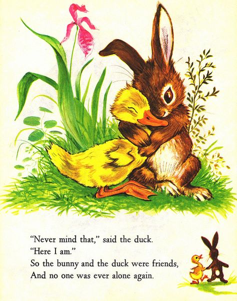 "Never mind that," said the duck.  "Here I am."  So the bunny and the duck were friends,  And no one was ever alone again. Lapin Art, Margaret Wise Brown, Golden Egg, Childrens Books Illustrations, Study Help, Golden Book, Bunny Art, Illustration Vintage, Art Et Illustration