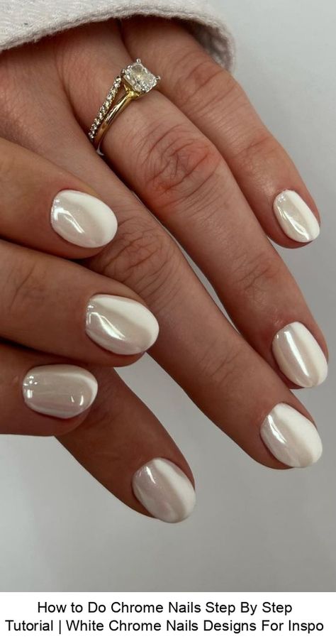 How to Do Chrome Nails Step By Step Tutorial | White Chrome Nails Designs For Inspo % #uñas french #diseños de uñas #uñas sencillas Vanilla Chrome Nails Short, White Dip With Chrome, Short White Pearl Nails, Milky White Chrome Nails Short, Short Square White Chrome Nails, White Crome Nails Almond French, Milky French Manicure Almond, Vanilla Chrome Nails French Tip, White Chrome Toe Nails