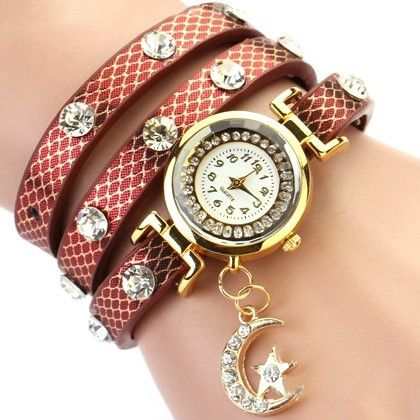 "Look To The Moon And Stars" Sparkly Wrap Bracelet Watch in Antique Cherry Cup Chain Bracelet, Leather Money Clip Wallet, Sparkly Bracelets, Gold Basket, The Moon And Stars, Basket Weave Pattern, Leather Money Clips, Small Watch, Stylish Bracelet