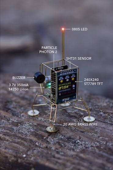 Mohit Bhoite's Latest Lunar Lander Sculpture Is Powered by Particle's Upcoming Photon 2 Dev Board - Hackster.io Electronic Projects Ideas, Arduino Projects Diy, Lunar Lander, Iot Projects, Electrical Circuit Diagram, Diy Gadgets, Robot Sculpture, Diy Tech, Industrial Design Trends