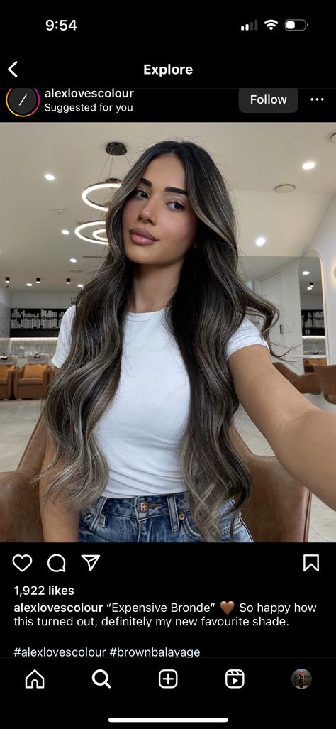 Bolyoge Dark Brown Hair, Balayage Hair With Extensions, Dark Balayage On Black Hair, Subtle Ash Balayage On Dark Hair, Long Brunette Hair Extensions, Black Hair With Natural Highlights, Balayage On Black Hair Indian, Brownie Batter Balayage, Hidden Highlights Hair