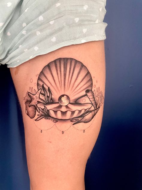 Pearl and Oyster Thigh Tattoo. Mermaid style. Mermaid Seashell Tattoo, Oyster Shell Tattoo Pearls, Lean On Me Tattoo, Oyster And Pearl Tattoo, Mermaid Shell Tattoo, Oyster With Pearl Tattoo, Oyster Tattoo Pearl, Pearl Tattoos For Women, Seashell Tattoo Design