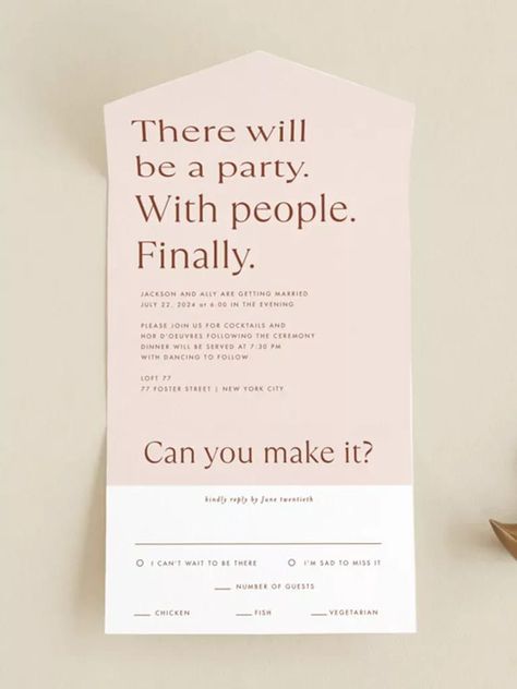 'There will be a party. With people. Finally.' at top in modern gold type on blush background Wedding Invitations Funny, Funny Wedding Invitation Wording, Second Wedding Invitations, Wedding Invite Wording Funny, Newspaper Wedding Invitations, Quirky Wedding Invitations, Casual Wedding Reception, Casual Wedding Invitations, Funny Invitations