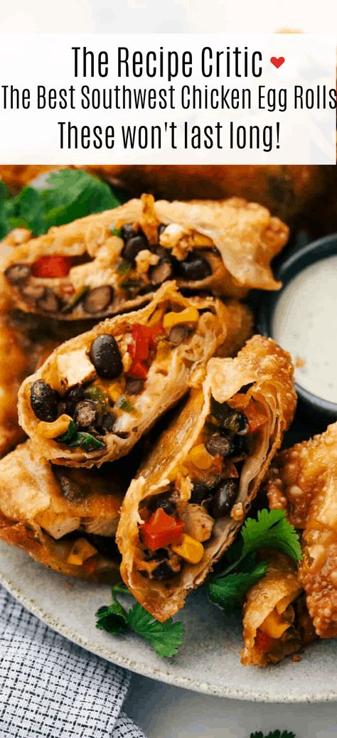 The Best Southwest Chicken Egg Rolls are a colorful combination of golden corn, black beans, red bell peppers, jalapeños, shredded cheese and tender bites of chicken with a sweet and spicy southwest seasoning all wrapped up in an egg roll wrapper. These won't last long at your next party! Southwest Egg Rolls, Southwestern Egg Rolls, Homemade Egg Rolls, Chicken Egg Rolls, Delicious Appetizers, The Cheesecake Factory, Southwest Chicken, The Recipe Critic, Thousand Island Dressing