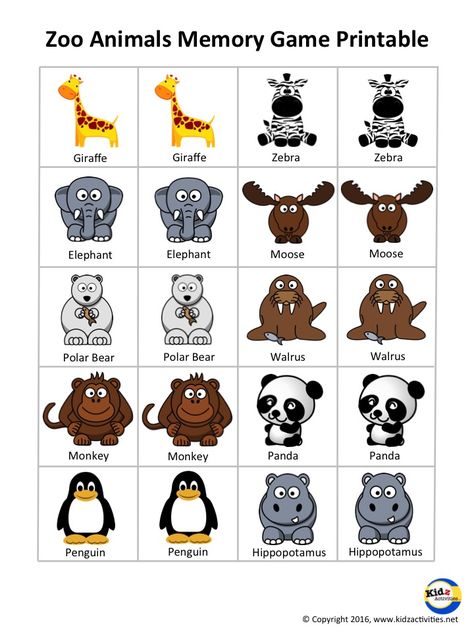 Zoo Animals Memory Game Free Printable by Kidz Activities Animal Memory Game Free Printables, Safari Worksheets, Animals Memory Game, Zoo Activities Preschool, Animal Memory Game, Zoo Animals Preschool, Preschool Zoo Theme, Zoo Preschool, Animal Matching Game