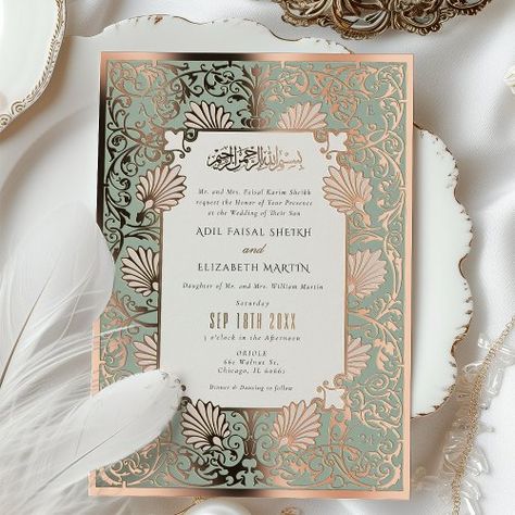 $4.2 | Islamic Art Nouveau Gold Foil Accents Wedding - gold foil islamic wedding invitation, sage green art nouveau card, elegant muslim wedding invite, cultural heritage wedding stationery, traditional calligraphy invitation, sophisticated gold foil design, islamic art wedding announcement, timeless wedding invitation suite, sage and gold wedding elegance, fusion culture bismillah traditional Baroque Wedding, Timeless Wedding Invitations, Gold Foil Design, Foil Design, Invitation Calligraphy, Sage Wedding, Islamic Wedding, Foil Wedding Invitations, Foil Invitations