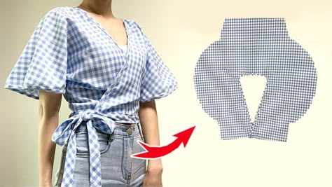 Wrap Shirt Pattern, Butterfly Wrap Top, Wrap Blouse Pattern, Wrap Top Sewing Pattern, Crop Top Tutorial, Wrap Top Pattern, Crop Top Sewing Pattern, Diy Clothes Patterns, Shirt Tutorial