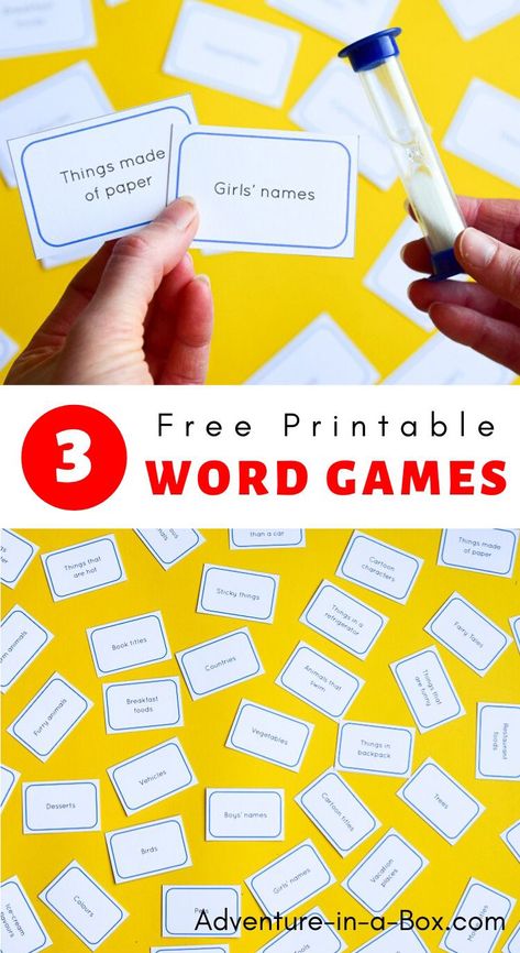 Use over 100 cards with family-friendly categories and play these three free printable word games. Fun for kids and adults! Printable Word Games, Word Games For Kids, Esl Games, English Games, Classroom Games, English Activities, Esl Teaching, Kids Games, Fun For Kids