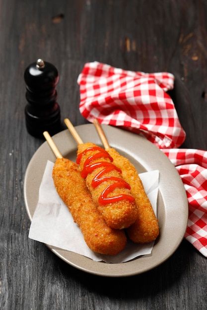 Corn dog is a sausage on a stick with mo... | Premium Photo #Freepik #photo #hot-dog #cheese-stick #fried-food #crispy Corndog Coklat, Corndog Sosis, Corn Dog Recipe, Sausage On A Stick, Desi Snacks, Snacks Homemade, Homemade Corndogs, Corndog Recipe, Masala Fries