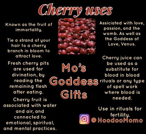 Uses for Cherries Cherry Spiritual Meaning, Cherry Magical Properties, Cherry Witchcraft, Plant Correspondences, Kitchen Spells, Witchy Supplies, Grimoire Inspiration, Magical Herbs Witchcraft, Apple Meaning