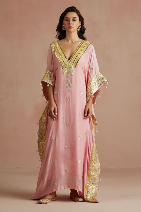 Buy Pink Kaftan Pure Muslin Embroidered Floral V Neck Gota For Women by Sureena Chowdhri Online at Aza Fashions. Latest Kaftan Designs, Sureena Chowdhri, Kaftan Sleeves, Pink Kaftan, V Neck Kaftan, Rajdeep Ranawat, Kaftan Design, Gota Embroidery, Kaftan Pattern