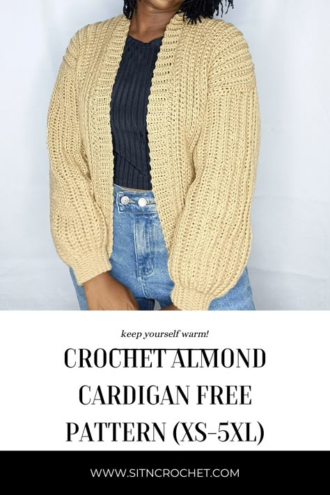 Plus Size Crochet Cardigan Free Pattern (XS-5XL) ( SitnCrochet 2024 Plus Size Crochet Clothes Patterns Free, Crochet Pattern Plus Size, Crochet Ribbed Cardigan Pattern, Crochet Cardigan Pattern Plus Size, Crochet Cardigan Plus Size, Crochet Cardigan Pattern Free Dk Yarn, Crochet Clothes Plus Size, Plus Size Crochet Cardigan Pattern Free, Plus Size Crochet Patterns