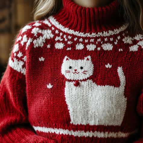 Shop: woolartdesign.etsy.com 💛 This adorable Christmas sweater knitting pattern features a playful white cat with a red button nose. It's perfect for beginner to intermediate knitters, with clear instructions and easy-to-follow charts. You'll get a detailed, knitting chart/pattern in PDF format. Materials needed: Yarn Knitting needles (size will depend on your yarn choice) Download and print: Once you purchase this digital download, you will receive access to download the PDF pattern to your de Knit Cat Sweater Pattern, Cat Sweater Crochet Pattern, Christmas Sweater Knitting Pattern, Christmas Sweater Knitting, Crochet Christmas Sweater, Cat Knitting Pattern, Cat Sweater Pattern, Holiday Knitting Patterns, Best Christmas Sweaters