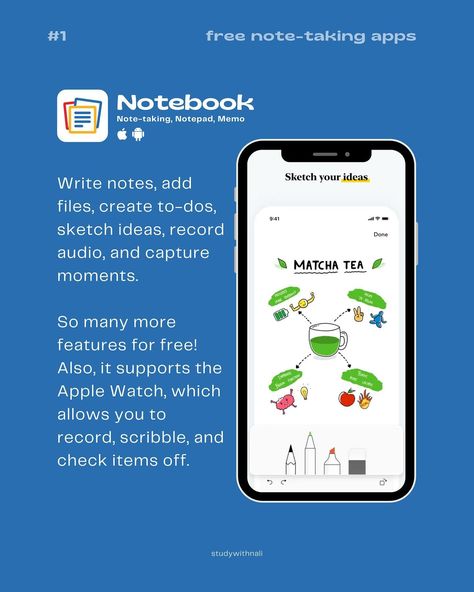 Note-Taking Apps 📝 ~ for iOS & Android phone/tablets ✨ 5 free note taking apps: 📒 Notebook 📑 Board Notes 📝 Simple Notes - Notepad Manager 📘OneNote ✏️ Nebo Hope this post is useful 🫶🏻 Don’t forget to save for later and share it with someone who needs to get organized 🫡 💭Feel free to comment of any other free note-taking app that we should all know! All these are free to use, but some have paid premium features Tags 🏷️ #notetaking #apps #studytips #ipad #studentlife #ipadnotes note takin... Notetaking Apps For Android, Free Note Taking Apps, Board Notes, Notes Simple, Note Taking Apps, Ipad Essentials, Organization Apps, Save For Later, Get Organized