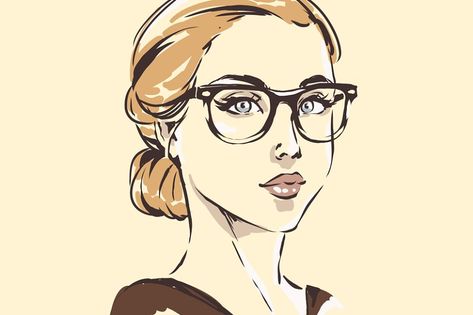 Fashion female portrait in spectacles. Elegant young woman with beautiful face in glasses.  Simple modern style with minimum colors. Black line art. Hand drawn vector illustration, eps10 for optics salon --- ***ATTENTION! ZIP doesn't include any mock-ups, fonts or design of business card! Zip includes only vector illustration.*** --- Good for using in all kinds of design: cards, paper packs, booklet, banners etc --- Thank you for visiting! Eyeglasses Drawing, Ponytail Drawing, Office Woman, Black Line Art, Woman Sketch, Design Cards, Paper Packs, Hand Drawn Vector Illustrations, Clear Glasses