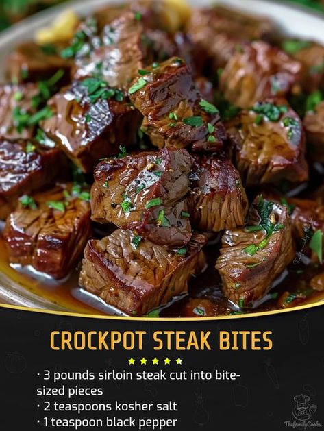 Crockpot Steak Bites, Juicy Steak Bites, Mini Crockpot Recipes, Crockpot Steak, Steak Bites Recipe, Garlic Beef, Au Jus Gravy, Easy Cook, Sirloin Steak