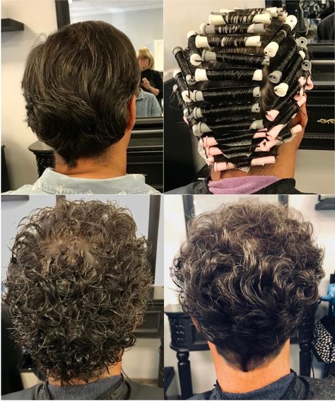 White, gray, and pink rods creating lots of curls Permanent Curly Hair, Loose Perm Short Hair, Type Of Haircut, Mens Haircuts Thick Hair, Short Perm, Loose Perm, Perm Curls, Hair Rods, Short Permed Hair