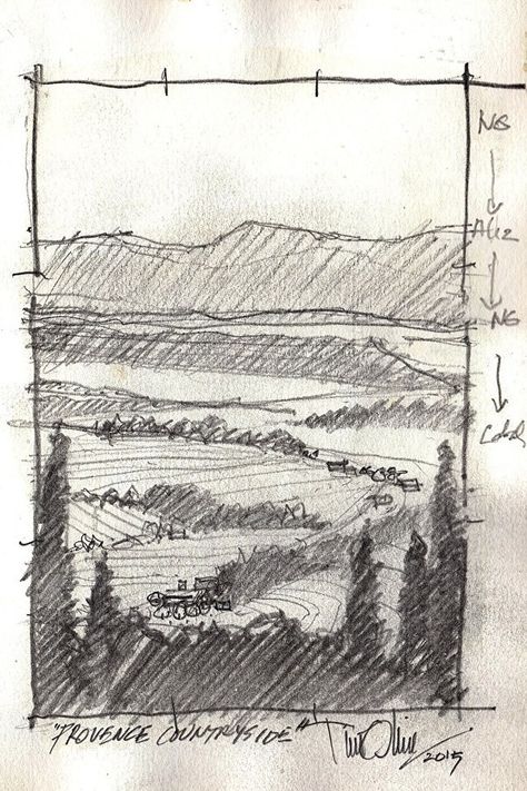 "Provence Countryside" -sketch by Tim Oliver Pencil ~ 8" x 5" Thumbnail Sketches, Pencil Drawing Tutorials, Nature Sketch, Landscape Sketch, 수채화 그림, Pencil Art Drawings, Landscape Drawings, Urban Sketching, A Pencil