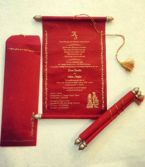 The first option offers a beautiful scroll crafted in Resham handmade paper held by beautiful golden bars on either end, with a two tone tassel to tie up the invitation. This scroll comes with a soft Resham handmade paper envelope. - See more at: http://goo.gl/7jTBL9 #ScrollInvitation #WeddingCards #Wedding — with Indian Wedding Site, Indian wedding and The Wedding Story. Scroll Wedding Invite, Wedding Scroll Invitations, Bengali Wedding Invitation Cards, Indian Wedding Cards Handmade, Antique Wedding Invitations, Scroll Invitations, Indian Invitation Cards, Wedding Scroll, Chinese Wedding Invitation