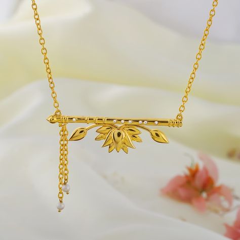 Gold Chain With Krishna Pendant, Flute Pendant Gold, Lotus Mangalsutra, Lotus Pendant Gold Indian, Krishna Pendant Gold, Flute Necklace, Krishna Jewellery, Krishna Necklace, Lotus Bangle