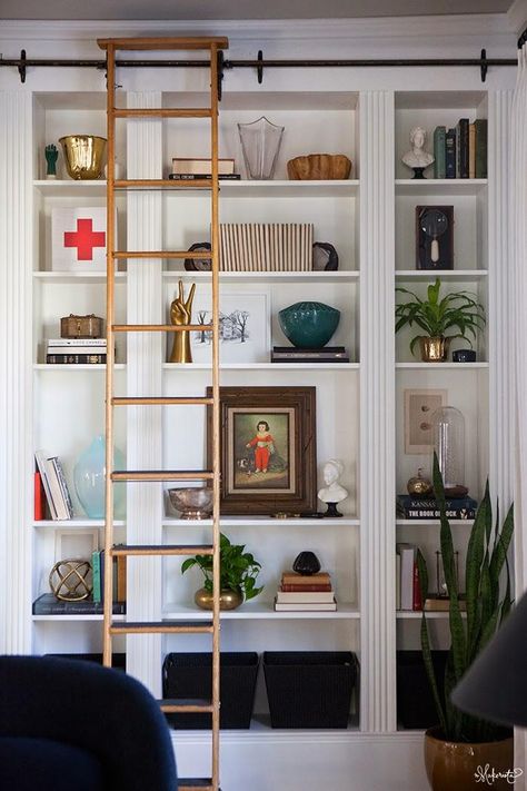 We still can't believe this glam home library (complete with rolling ladder!) was fashioned from three Ikea bookcases. #DIY Billy Ikea, Billy Regal, Shoes Organizer, Closet Drawer, Ideas Closet, Ikea Billy Bookcase Hack, Ikea Bookcase, Ikea Bookshelves, Organizer Ideas