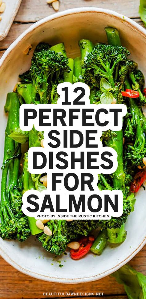 I'm loving these salmon side dish recipes. They are so simple to make and taste great. These side dishes would go great with other seafoods too. Not only is this side dish tasty, but it looks so beautiful when paired with salmon. I Spinach Rice Casserole, Salmon Sides, Sauteed Broccoli, Side Dishes For Fish, Side Dishes For Salmon, Spinach Rice, Pasta Side Dishes, Sea Vegetables, Rice Side Dishes