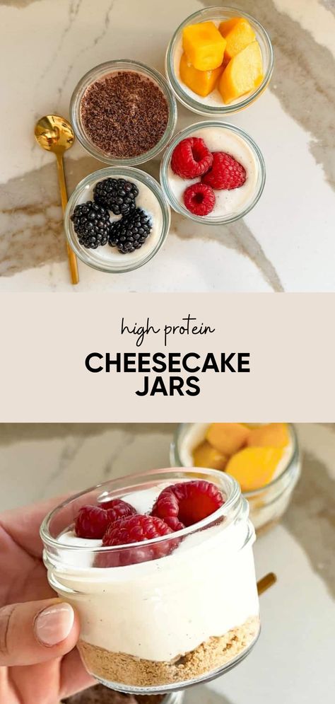 High Protein Cheesecake in a Jar is the perfect sweet treat to have in your fridge. The perfect healthy single serve dessert to have prepped in your fridge. These no bake cheesecake jars take just a few minutes to make, just blend the ingredients and assemble. No Bake Meal Prep, Meal Prep Dessert Ideas, Healthy High Protein Cheesecake, High Protein Snacks No Fridge, Healthy Single Serve Cheesecake, High Protein Quick Dessert, Healthy Cheesecake In A Jar, Healthy Breakfast Cheesecake, Healthy Lunch Desserts