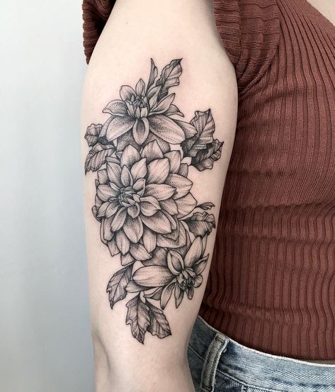 Stephanie Mah on Instagram: “Some dahlias from my flash, thanks Gabrielle!” Dahlias Tattoo Design, Dahlia Back Tattoo, Daliah Flower Tattoos, Dahlia Flower Tattoo, Daliah Flower, Dahlia Flower Tattoos, Dahlia Tattoo, Black Dahlia, Greek God