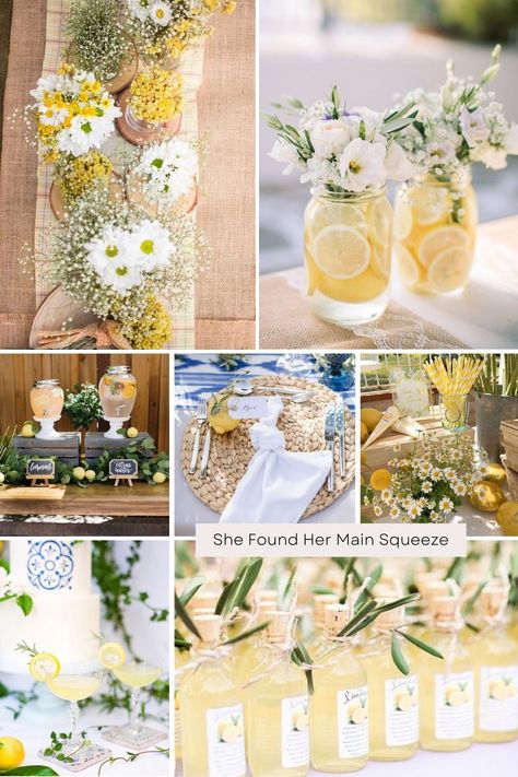 Lemon Engagement Theme, Kitchen Tea Party Ideas, Bridal Shower Lemons Theme, Rome Bridal Shower Theme, Rustic Lemon Theme Party, Bridal Shower Table Set Up Brunch Party, Lemon Picnic Theme, Mommas Main Squeeze, Lemon Themed Engagement Party Ideas