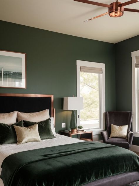 Emerald And Rust Bedroom, Dark Green Accent Wall, Hunter Green Bedrooms, Velvet Bedhead, Emerald Green Bedrooms, Green Accent Wall, Moody Atmosphere, Bedroom Colours, Dark Bathroom Ideas