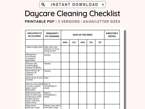 Cleaning Schedule For Classroom, Daycare Cleaning Schedule, Classroom Cleaning Schedule, Daycare Cleaning Checklist, Classroom Cleaning Checklist, Cleaning Checklist By Room, Daycare Printables Forms, Daycare Printables, Daily Cleaning Checklist