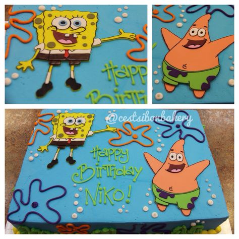 All handmade! Spongebob and Patrick sheetcake Spongebob And Patrick Birthday Cake, Spongebob Sheet Cake Birthday, Spongebob Sheet Cake, Spongebob And Patrick Cake, Patrick Star Cake, Spongebob Birthday Cake, Spongebob And Patrick, 25 Birthday, Spongebob Birthday Party